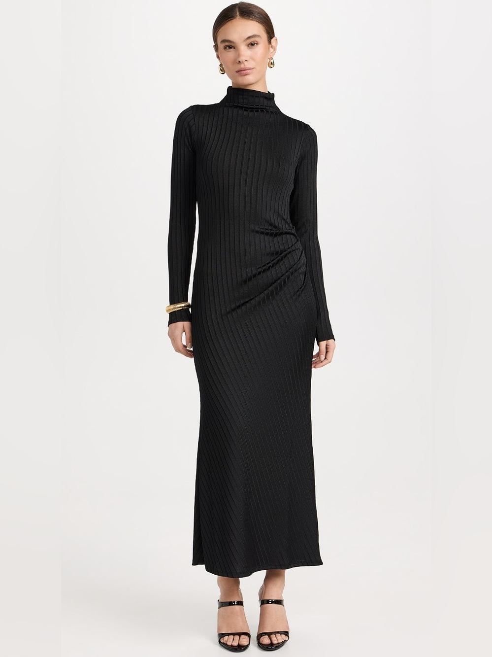 *NWT* Good American Women’s Black Shine Rib Funnel Tuck Midi Dress, Size Large - Picture 4 of 14